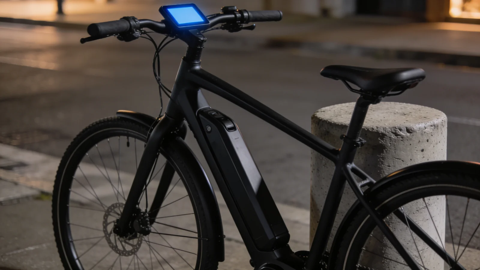 Dienstrad Tuning erlaubt? E-Bike vor Bürogebäude mit Mann und Vertragsmappe in der blauen Stunde
