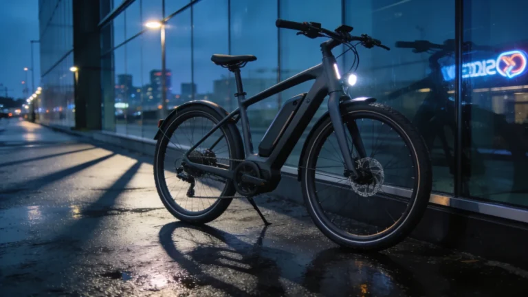 Dienstrad Tuning Versicherung: E-Bike vor Office-Fassade mit Versicherungsdokumenten