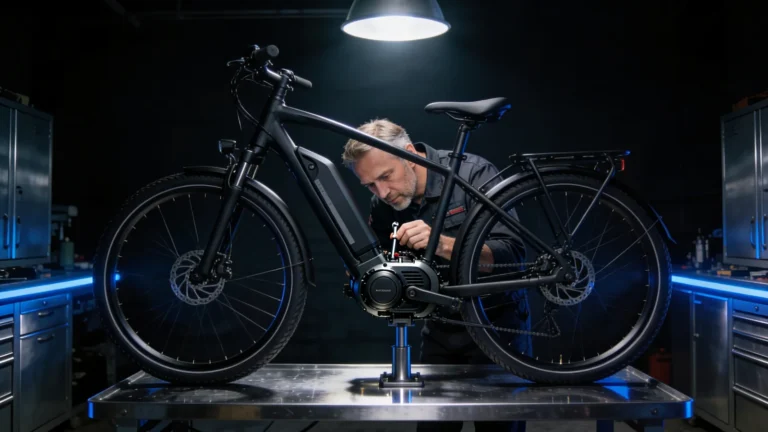 E-Bike Tuning Dienstrad: Mechaniker prüft Mid-Drive-Motor in dunkler Werkstatt unter Spotlight