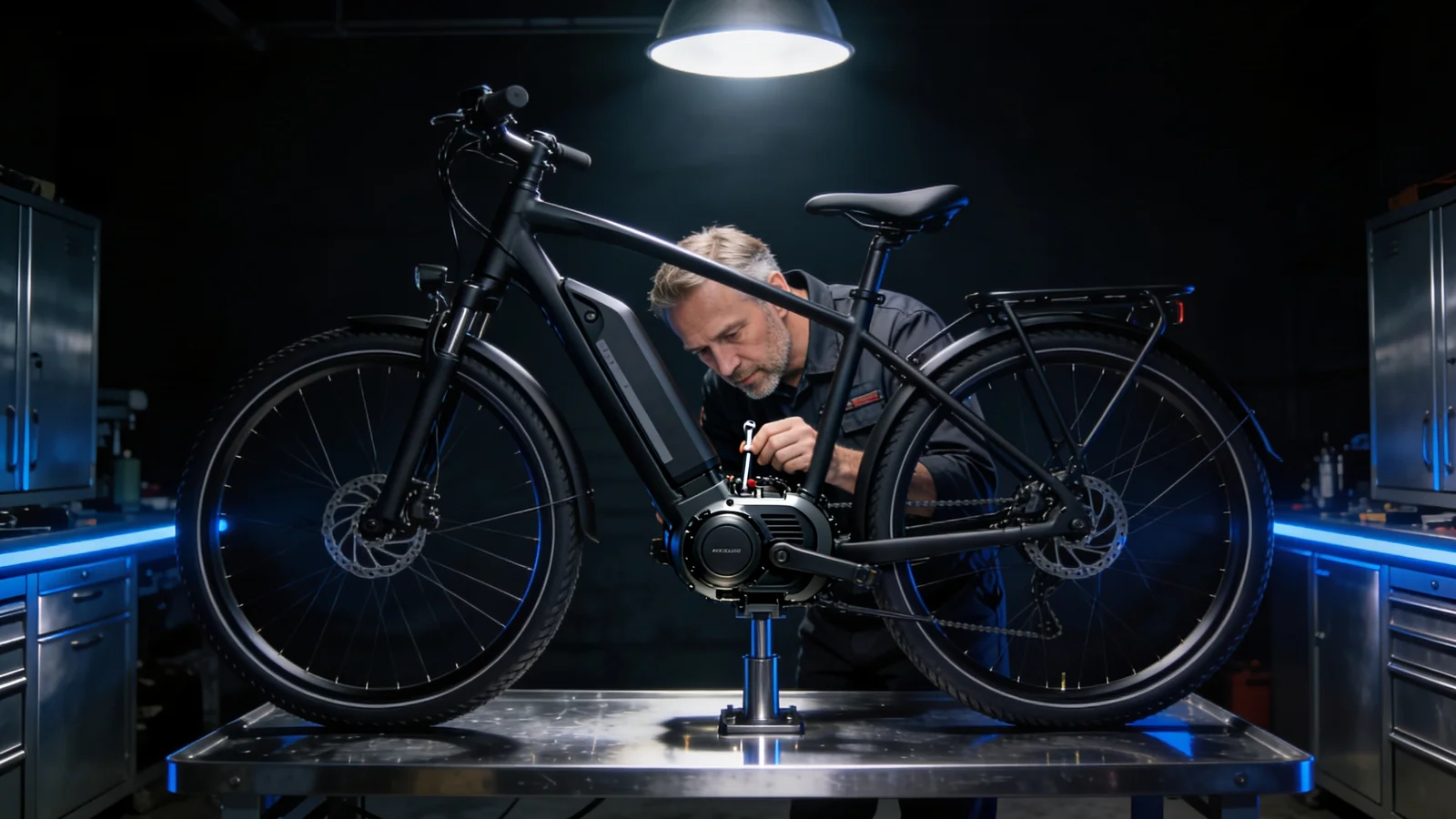 E-Bike Tuning Dienstrad: Mechaniker prüft Mid-Drive-Motor in dunkler Werkstatt unter Spotlight