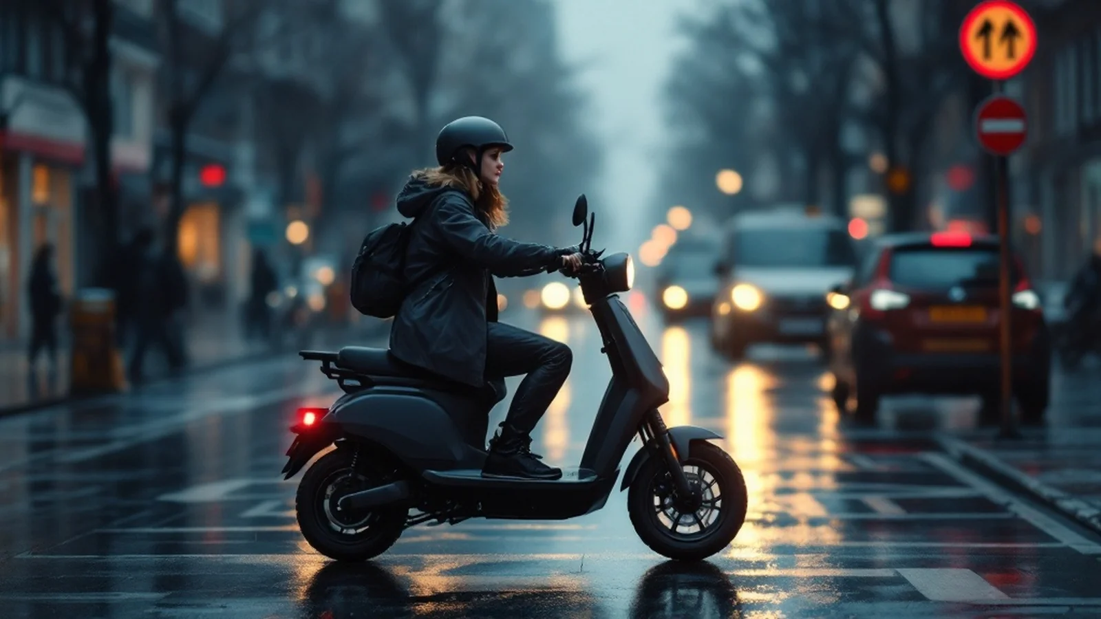 E-Scooter Bremsen Regen: Pendlerin bremst vorsichtig auf nassem Belag