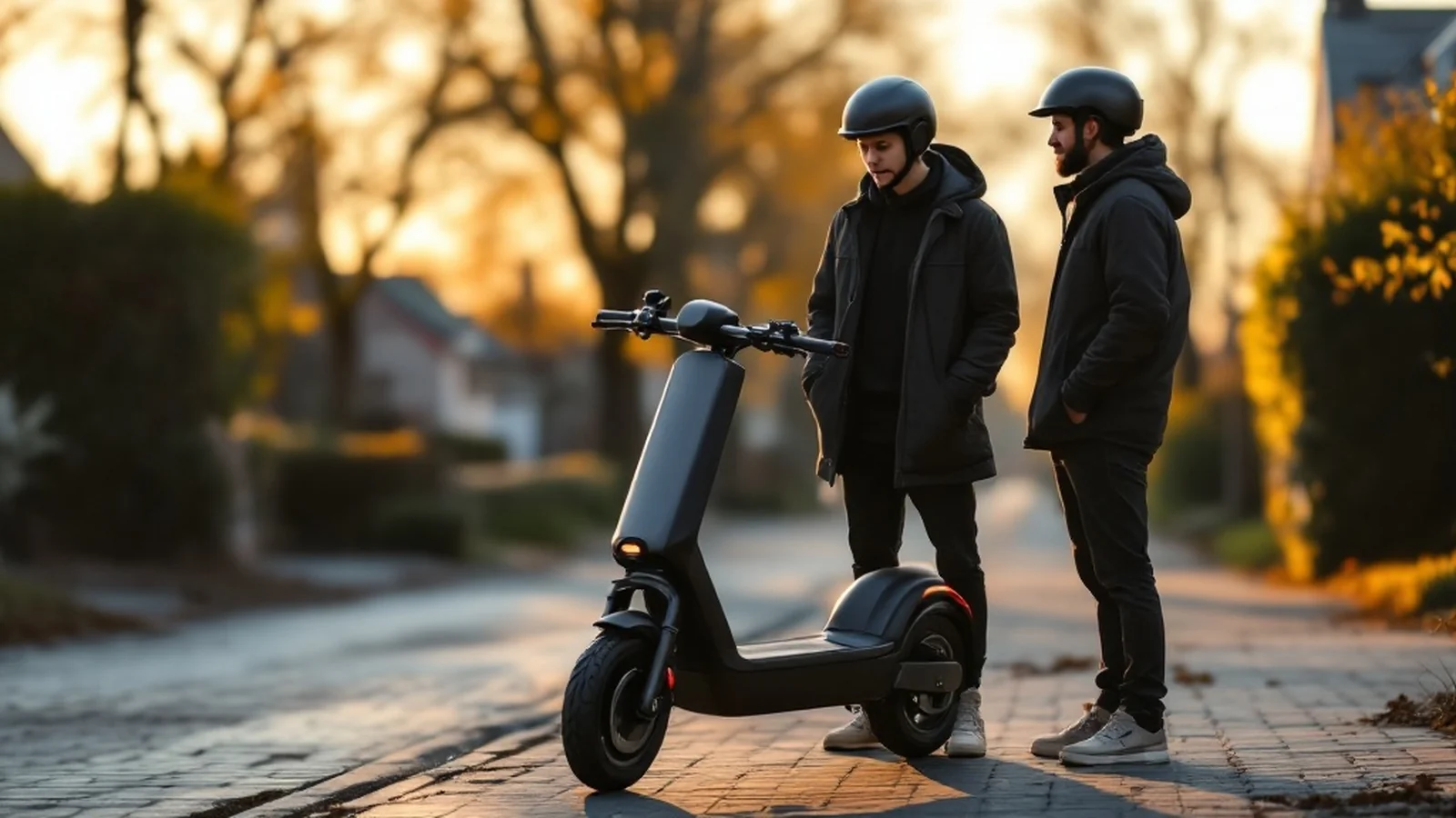 E-Scooter der Eltern fahren: Jugendlicher mit Helm wird von Elternteil eingewiesen