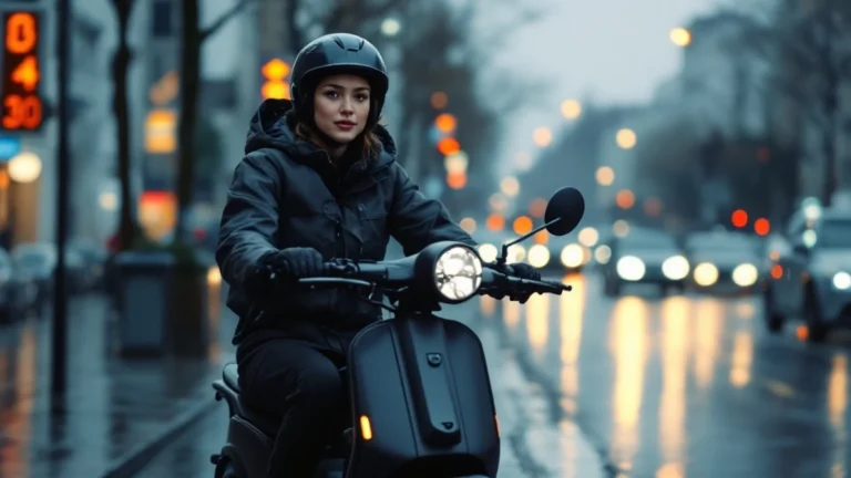 E-Scooter im Regen fahren: Pendlerin nutzt Wetter-feste Routine sicher