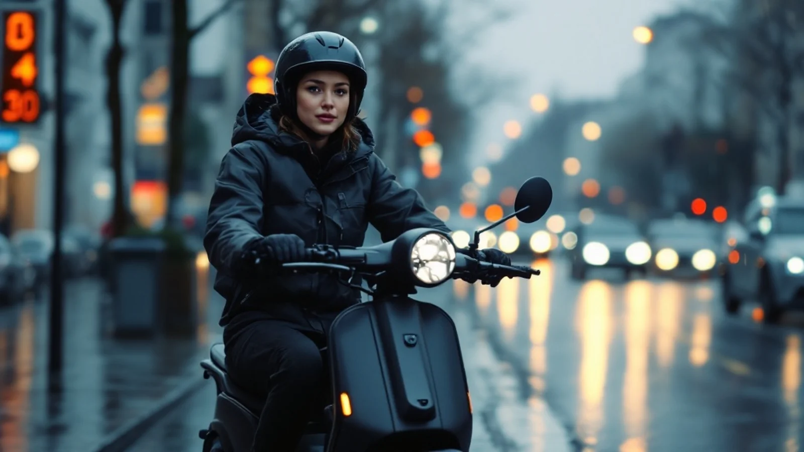 E-Scooter im Regen fahren: Pendlerin nutzt Wetter-feste Routine sicher