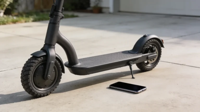 Lizenzcode E-Scooter Ninebot: massiver Kick-Scooter mit Smartphone und schwarzem Display auf privatem Hof