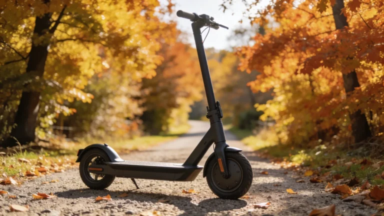 E-Scooter Privatgelände: Kick-Scooter auf privatem Kiesweg im Herbstwald mit leerem Metallschild im Vordergrund