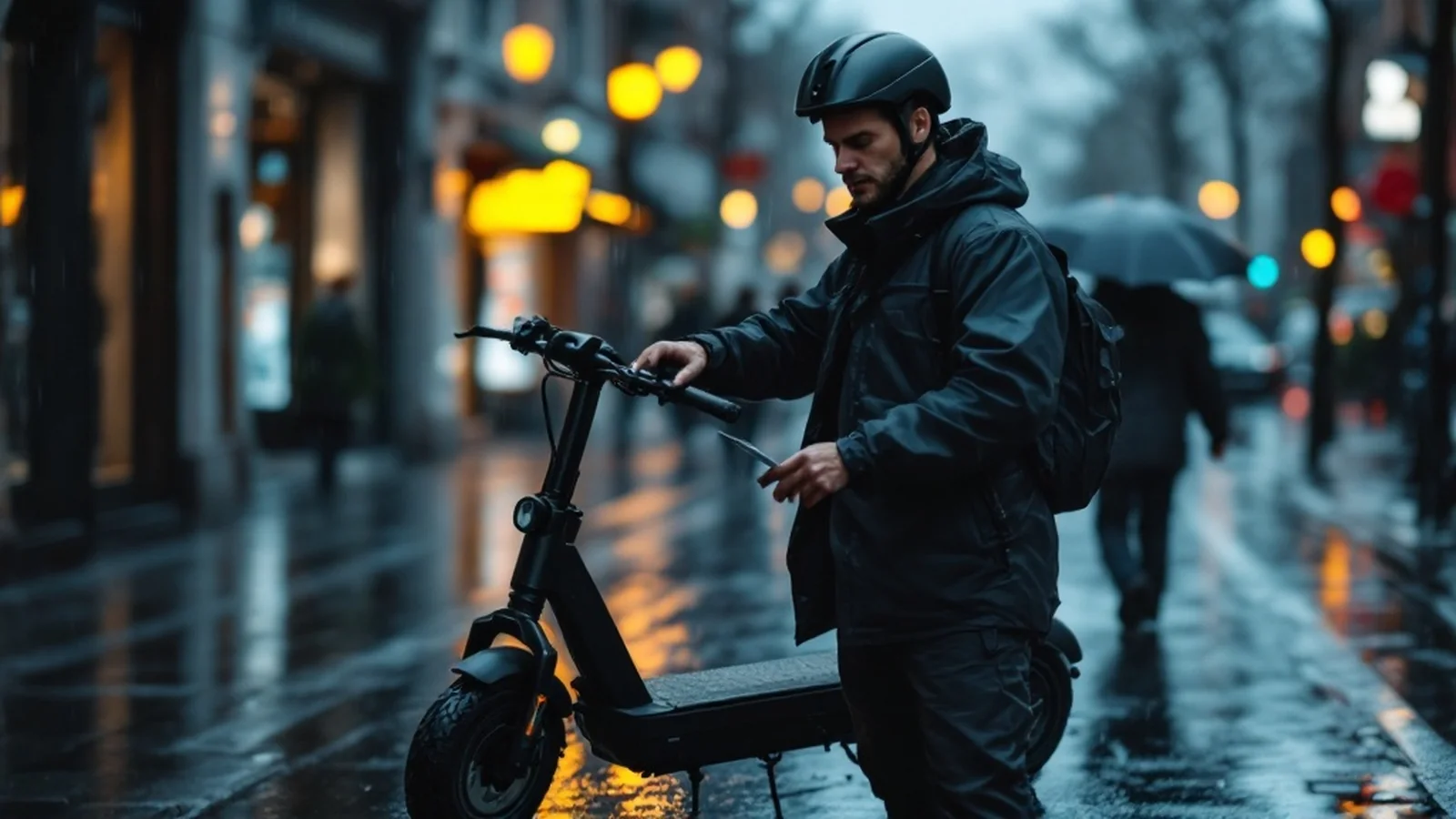 E-Scooter Regen-Checkliste: Pendler prüft Schutzausrüstung vor Nass-Fahrt