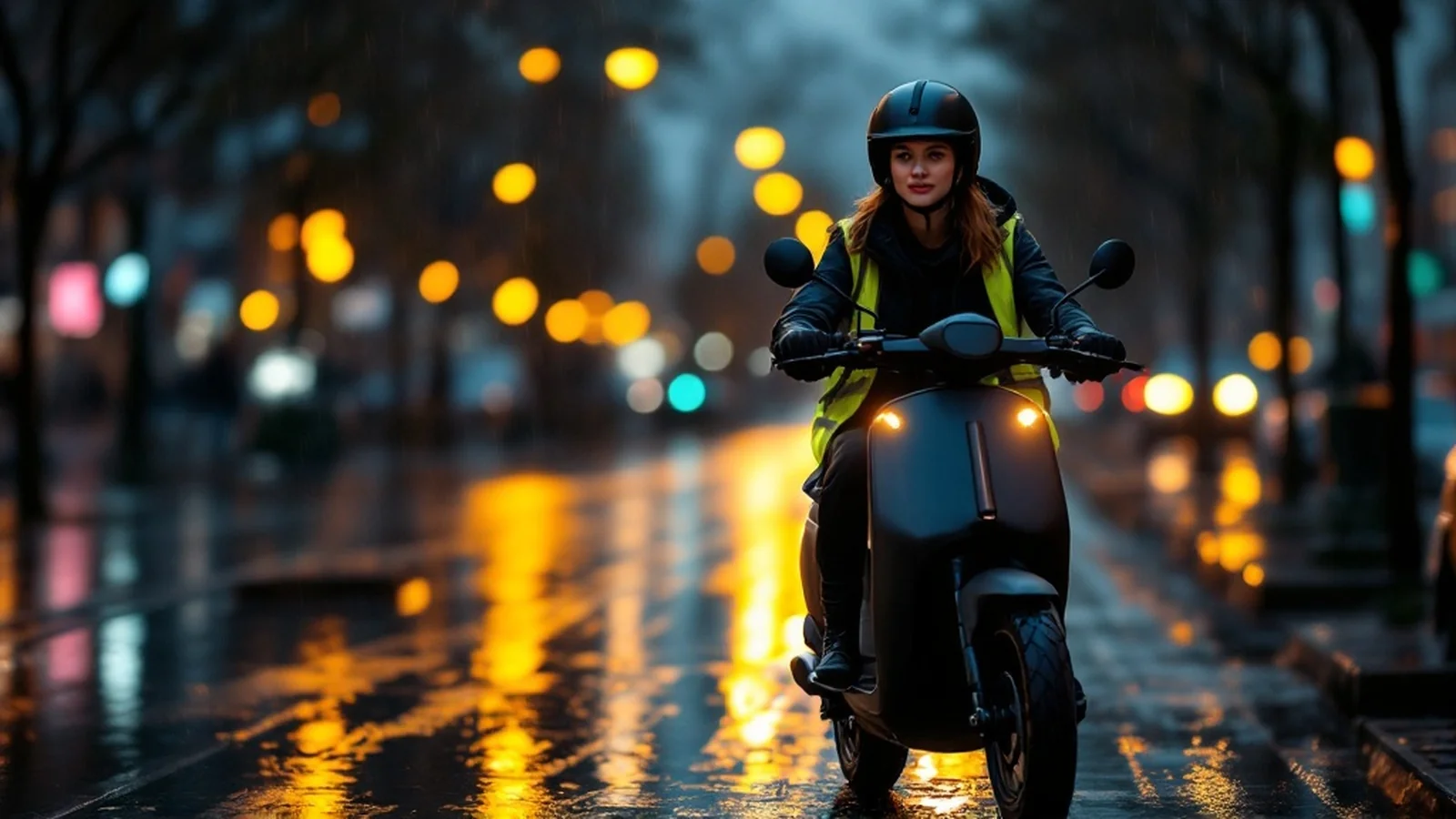 E-Scooter Regen Nacht: Pendlerin fährt sicher auf nasser Nacht-Straße