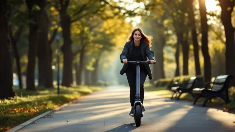 E-Scooter ruhig fahren: entspannte Fahrerin mit gleichmäßiger Geschwindigkeit