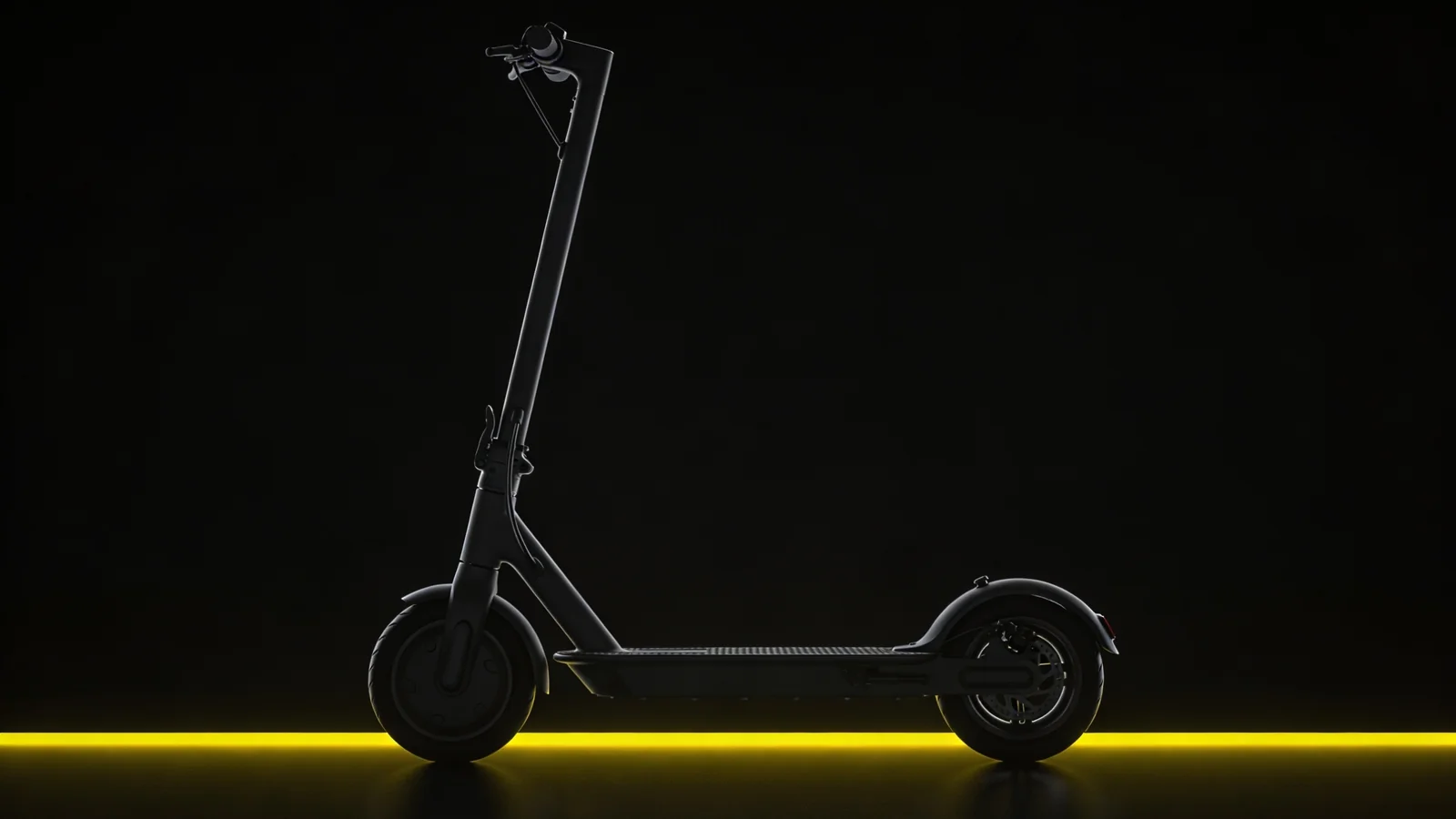 E-Scooter Tuning Rechtslage 2026: editoriale Silhouette eines Kick-Scooters mit gelbem Lichtstreifen auf Schwarz