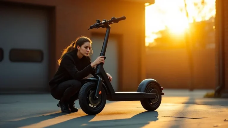 E-Scooter wirkt instabil: Frau prüft Lenker-Spiel an Vorderachse
