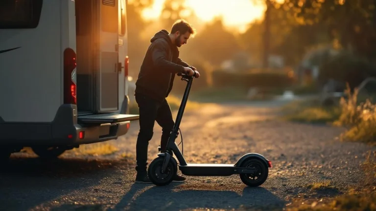 E-Scooter Wohnmobil: Faltbarer Scooter aus dem Heckstauraum entladen