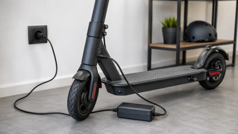 E-Scooter mit Ladegerät an der Steckdose in sauberer Ladesituation