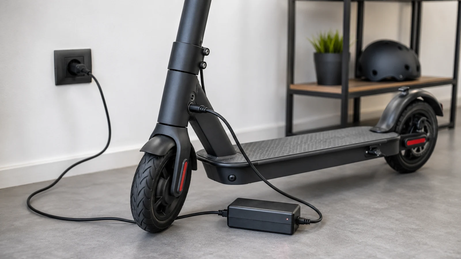 E-Scooter mit Ladegerät an der Steckdose in sauberer Ladesituation