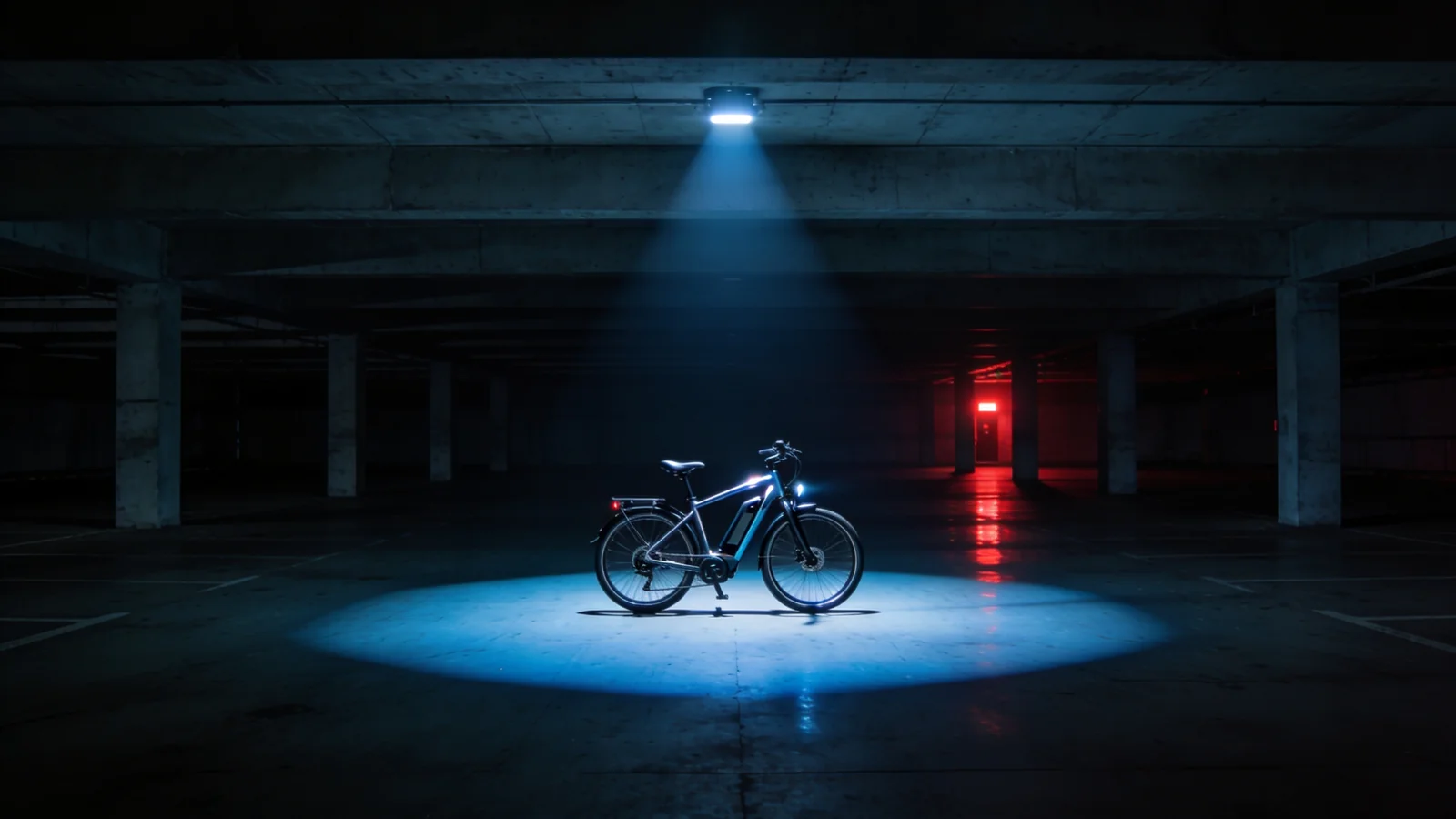 JobRad Tuning Risiken: E-Bike allein im Spotlight einer dunklen Tiefgarage