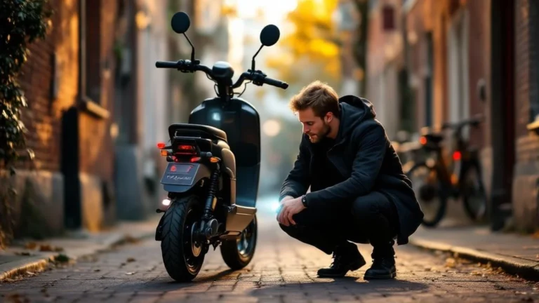 Kratzer harmlos einschätzen: Mann prüft E-Scooter-Kratzer mit Lampe