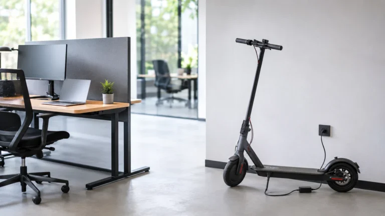 E-Scooter im Büro neben Schreibtisch mit sauberem Ladekabel