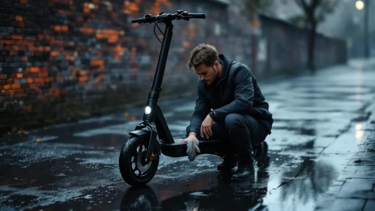 Nässe Spätfolgen am E-Scooter: Mann trocknet Bauteile nach Regenfahrt