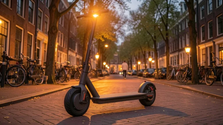 Niederlande RDW Zulassung E-Scooter: Kick-Scooter am Amsterdamer Kanal beim Deck-Check in Abendlicht