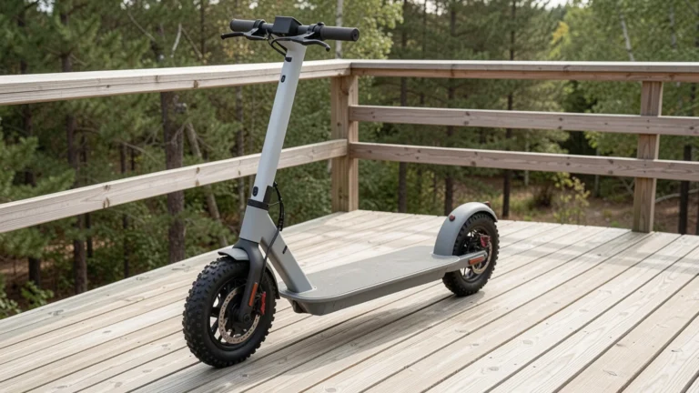 Norwegen E-Scooter App-Begrenzer: Frau mit Smartphone neben Kick-Scooter vor norwegischem Fjord