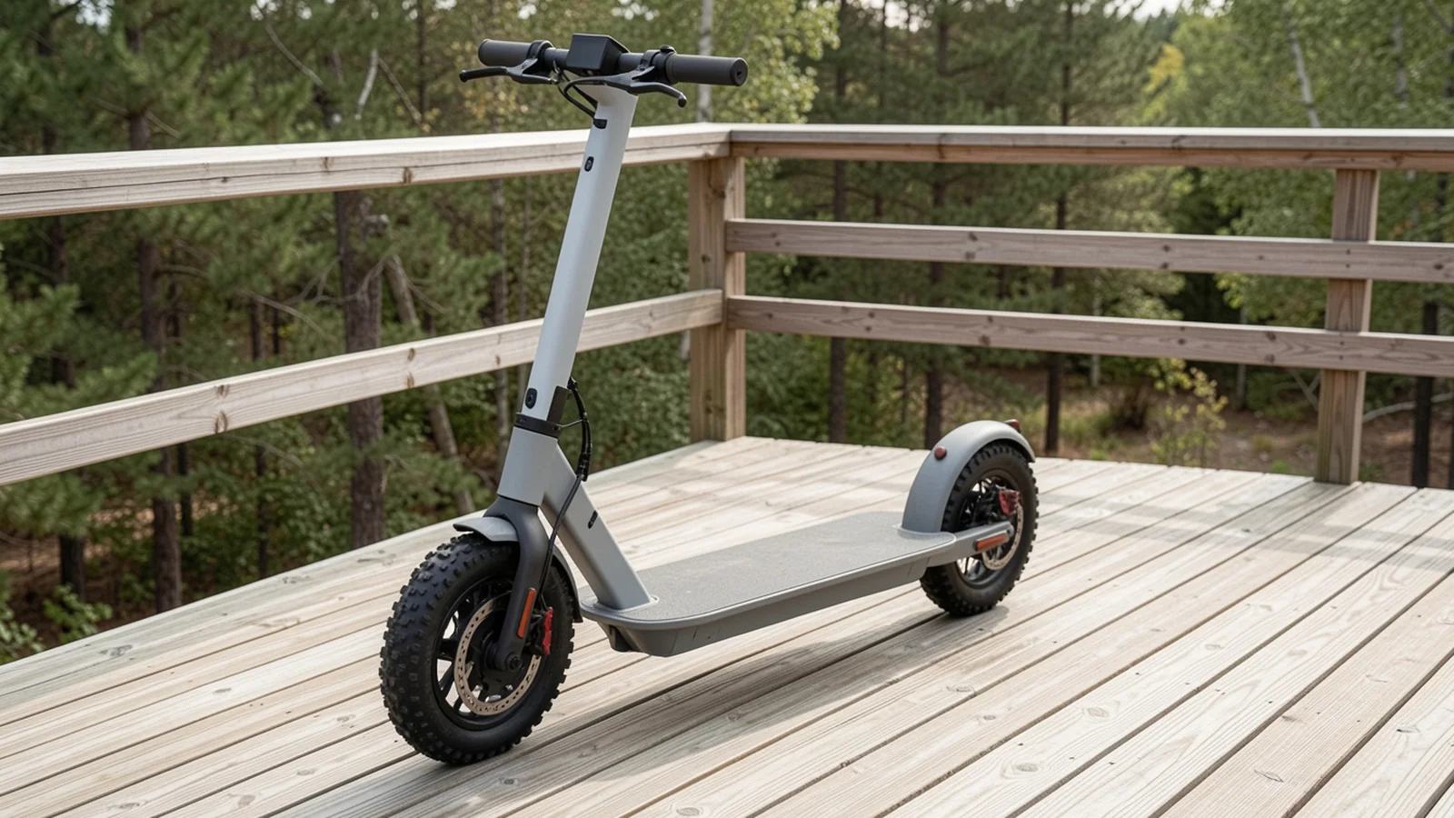 Norwegen E-Scooter App-Begrenzer: Frau mit Smartphone neben Kick-Scooter vor norwegischem Fjord