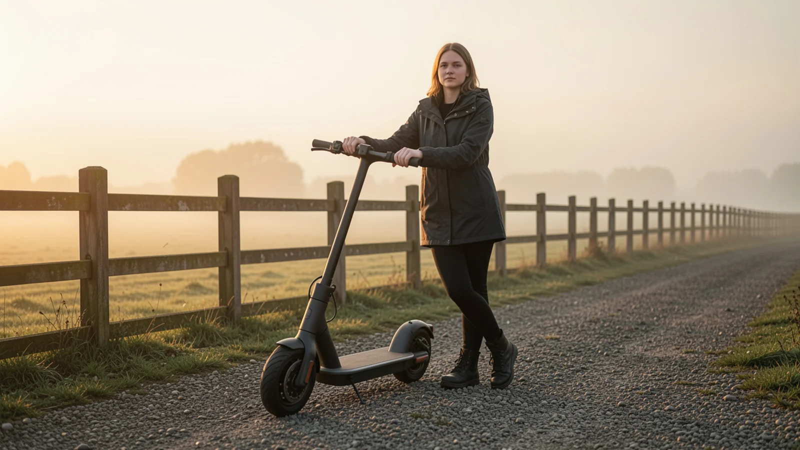 Tuning auf Privatgelände im Ausland: E-Scooter mit flachem Deck auf privatem Kiesweg im Abendlicht