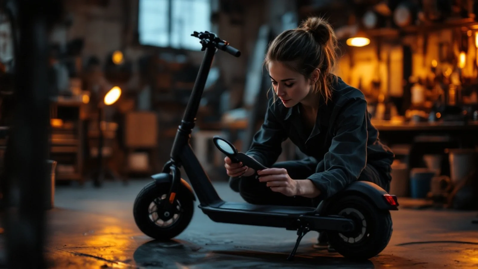 Refurbisher Vorschäden: Aufbereiterin prüft E-Scooter auf versteckte Vorschäden