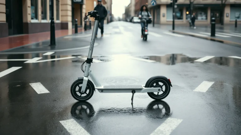 E-Scooter auf nasser Straße nach Regen
