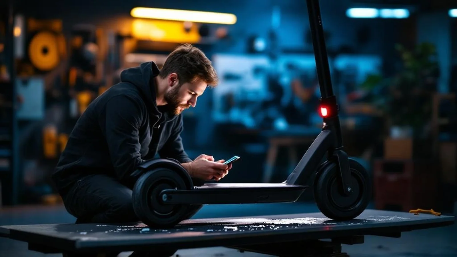 E-Scooter Reparatur: Werkstattszene mit beschädigtem Roller im Fokus