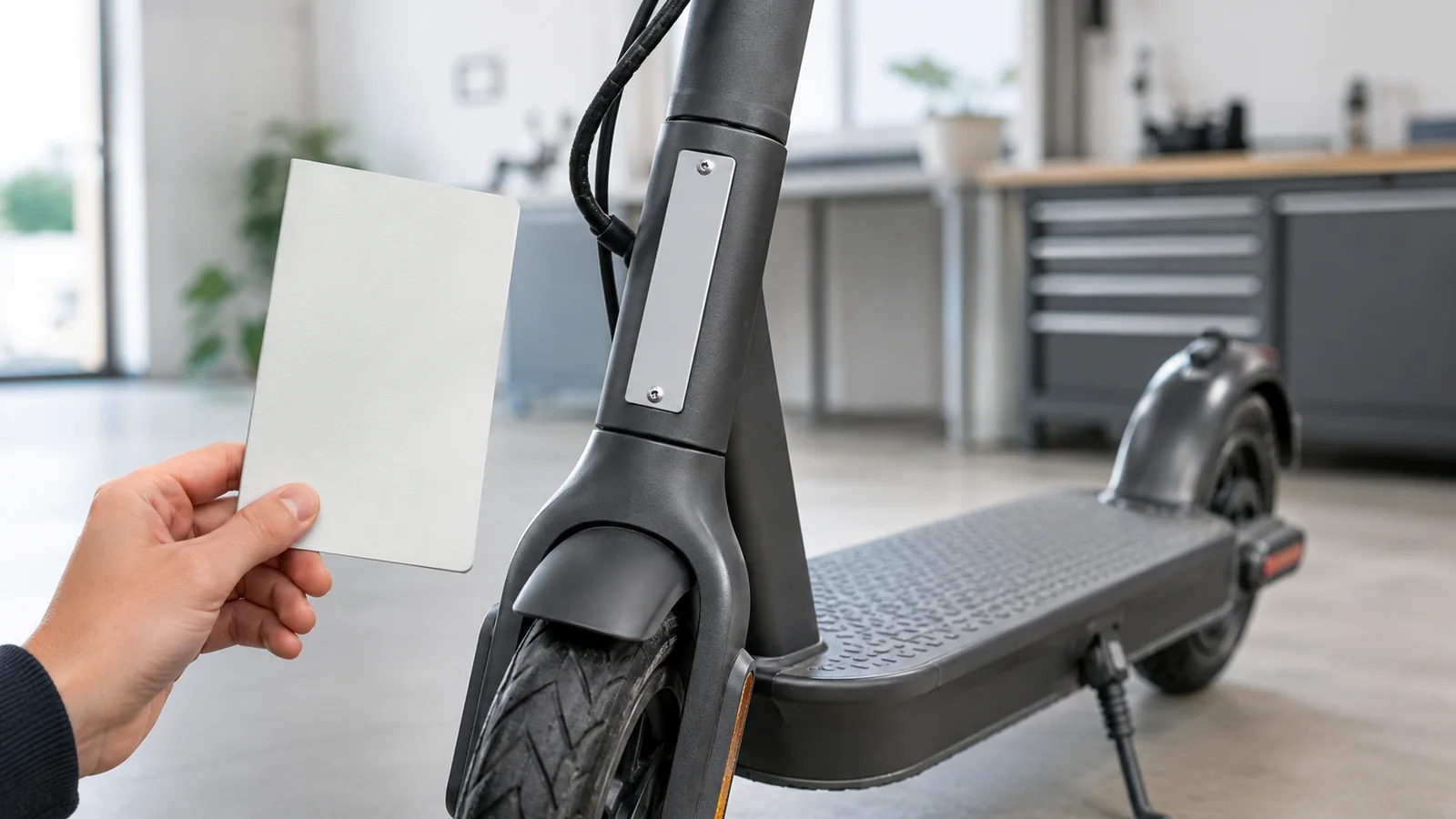 E-Scooter mit leerem Typenschild und neutralem Fahrzeugdokument – ABE und Betriebserlaubnis