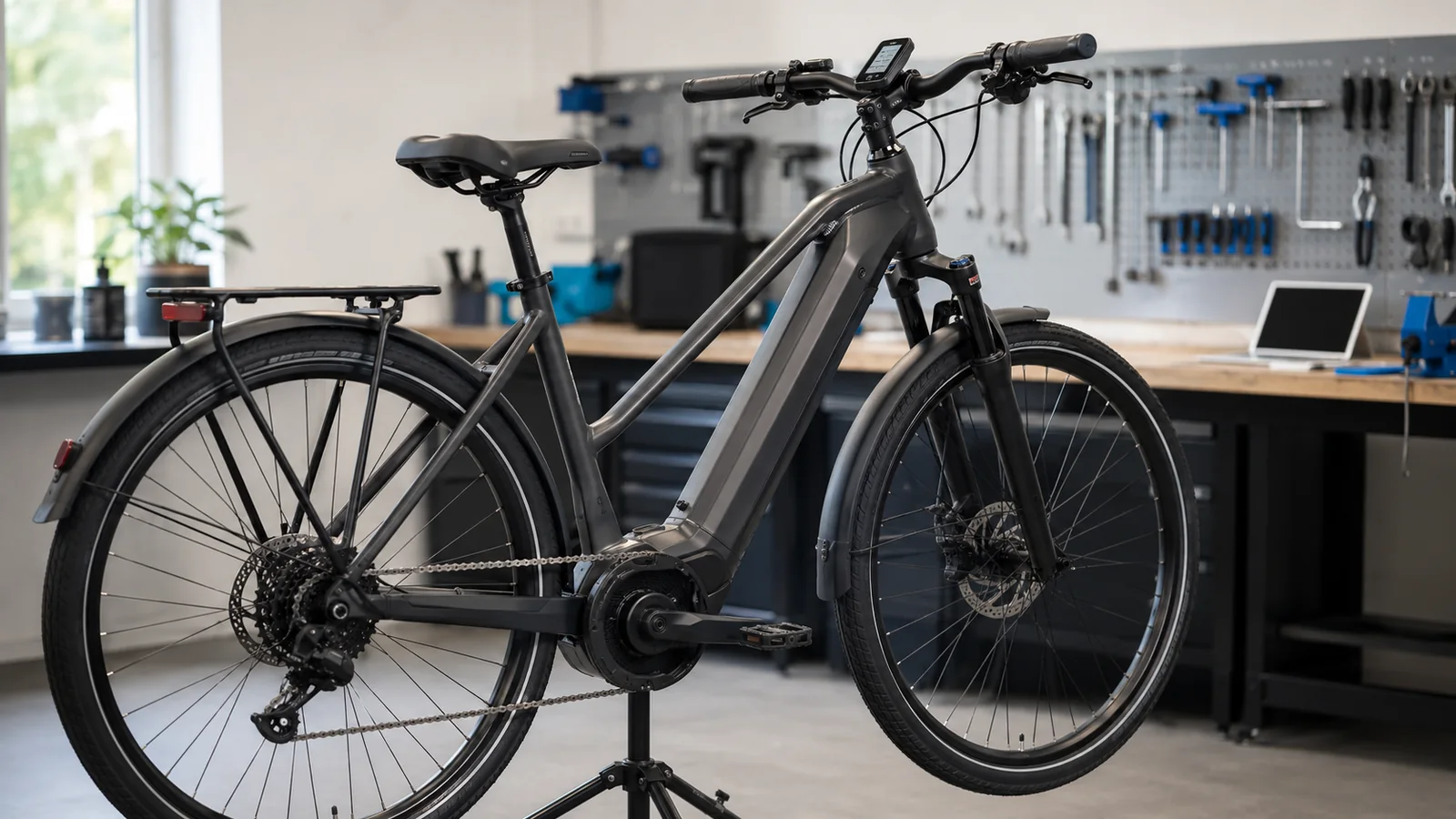 Bosch E-Bike Mittelmotor in heller Werkstatt – Bosch 25-km/h-Begrenzung aufheben