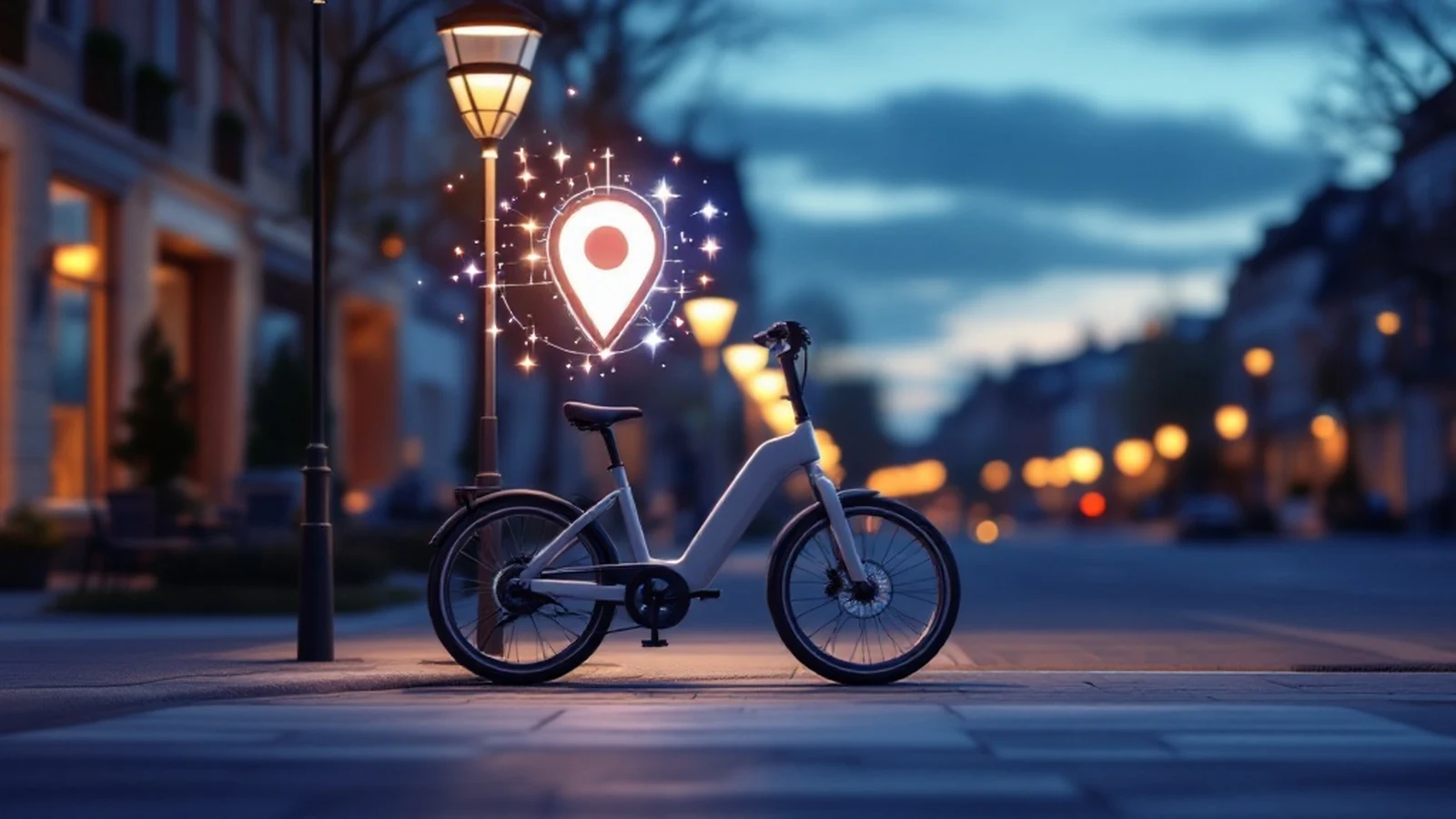 Modernes E-Bike bei Dämmerung an einer Straßenlaterne mit leuchtendem Standort-Symbol als Sinnbild für GPS-Tracker und Diebstahlschutz