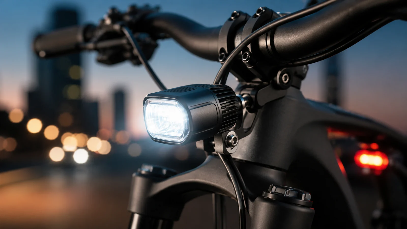 E-Bike-Scheinwerfer bei Dämmerung als Symbol für ein legales Licht-Upgrade am E-Bike
