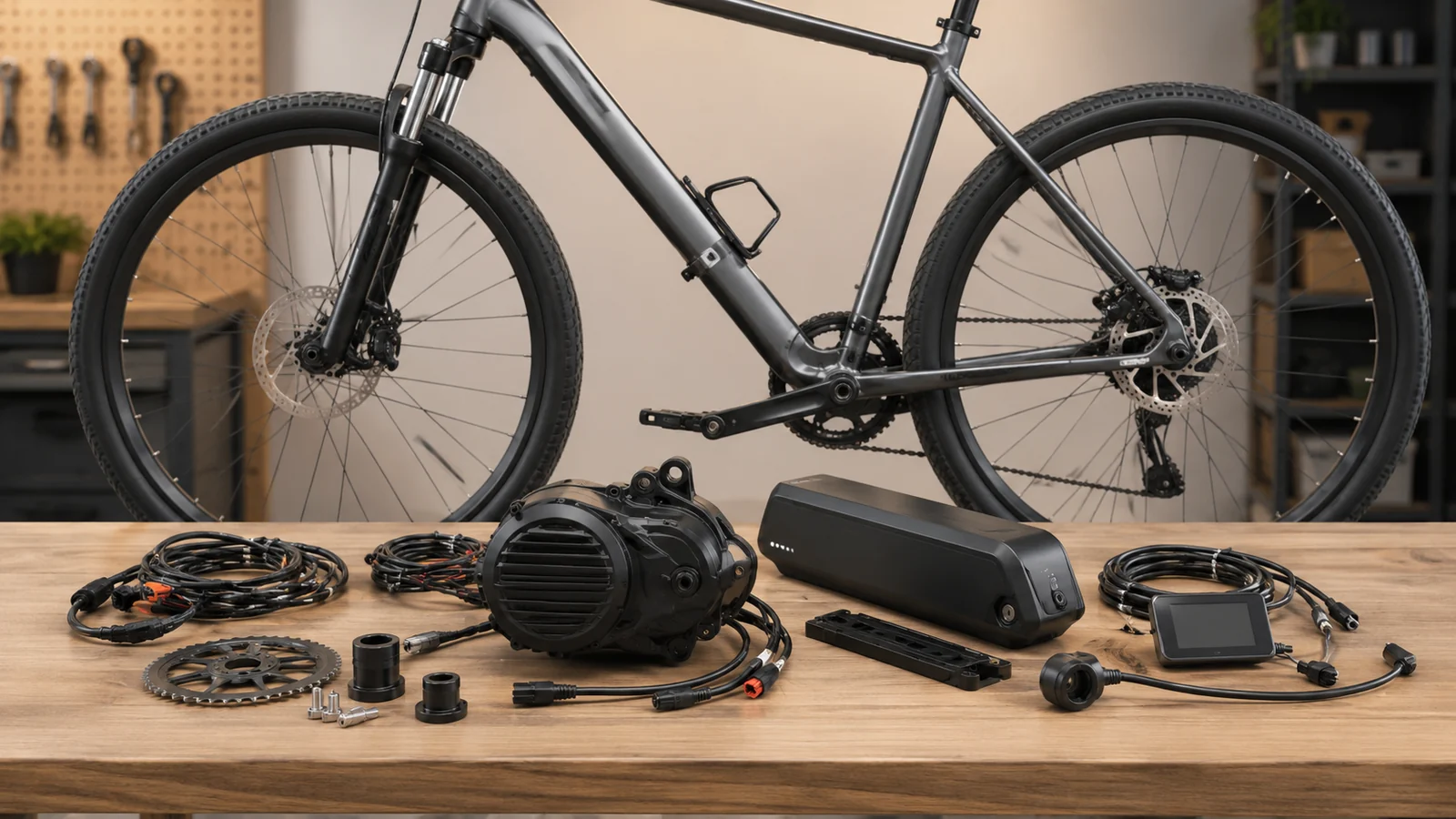E-Bike-Nachrüstteile mit Motor, Akku und Display vor einem Fahrrad in der Werkstatt