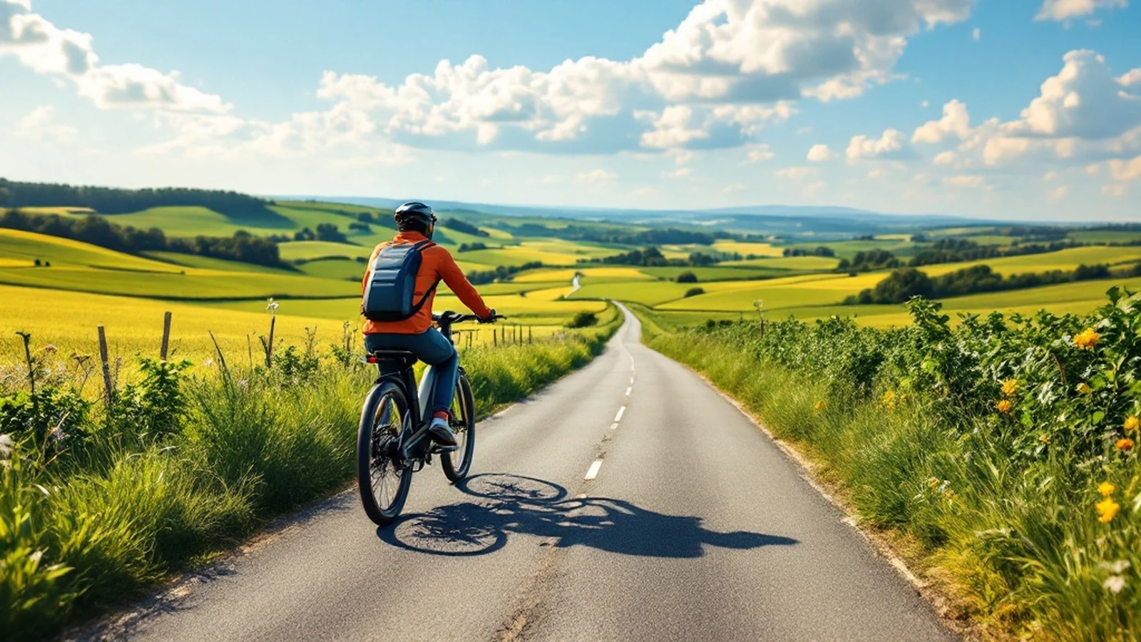 E-Bike-Fahrer von hinten auf offener Landstraße durch grüne Hügellandschaft als Sinnbild für E-Bike-Reichweite