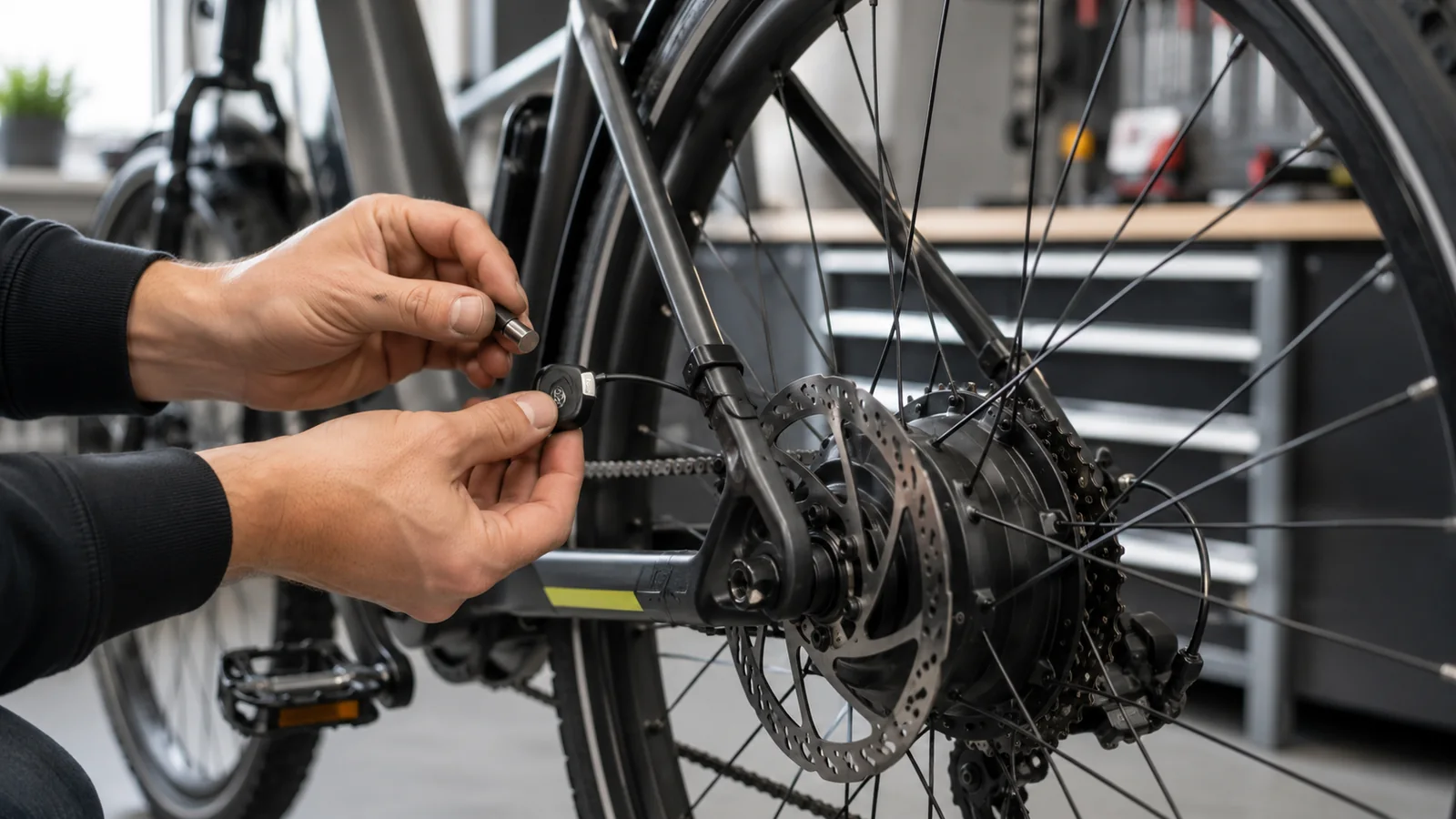 Geschwindigkeitssensor und Speichenmagnet am Hinterrad eines modernen E-Bikes in heller Werkstatt