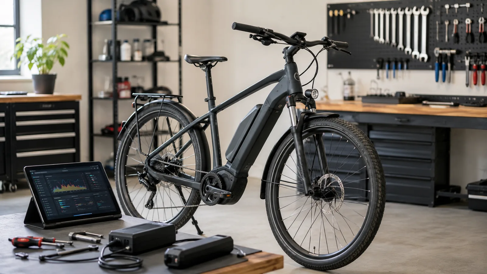 Modernes E-Bike in heller Werkstatt mit Diagnosegerät und Werkzeugen