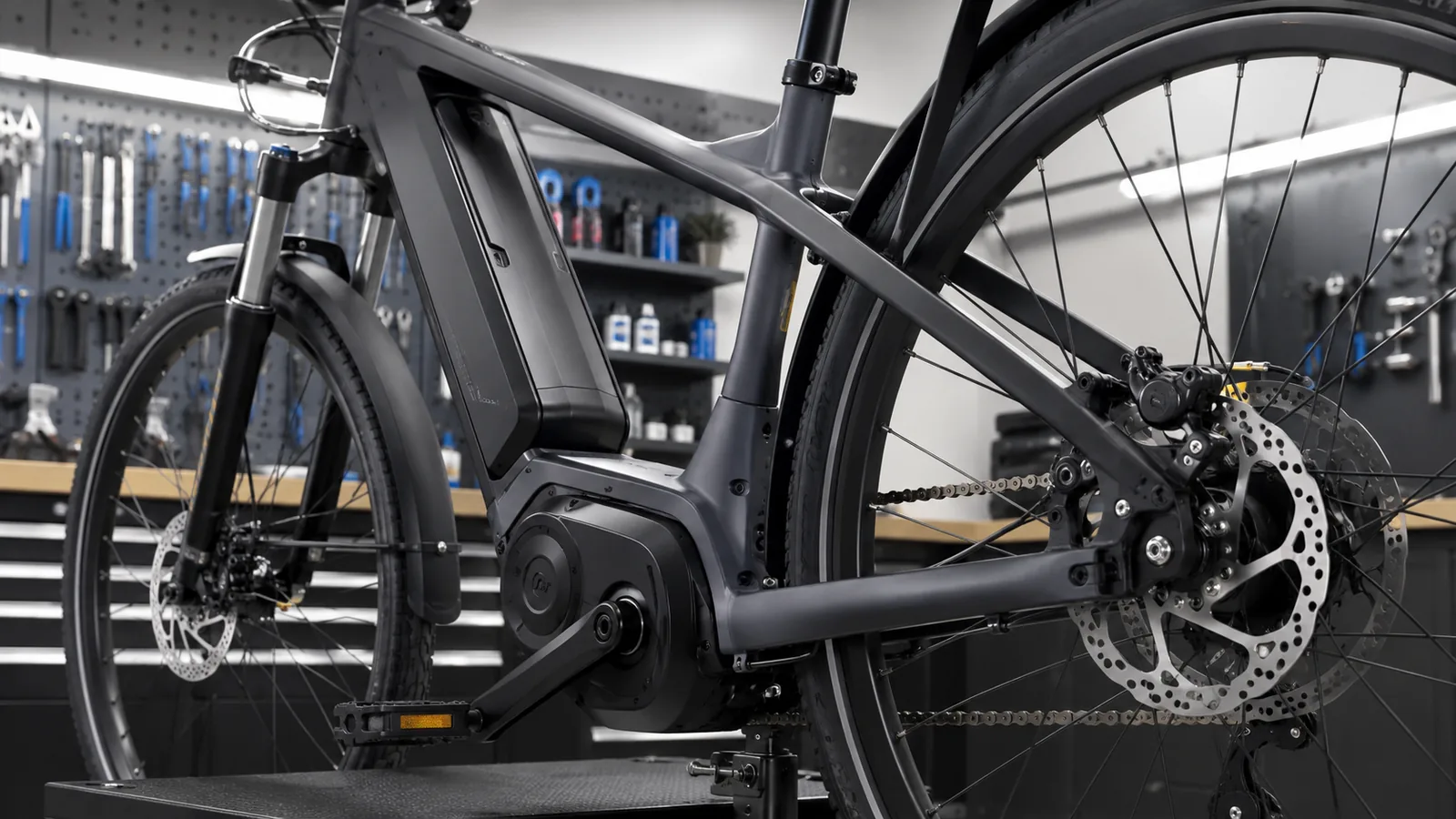 E-Bike Antrieb, Akku und Bremse in der Werkstatt als technische Risiko-Prüfung