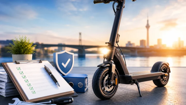 E-Scooter mit Prüf-Checkliste, Schild und Werkzeug vor Stadtkulisse