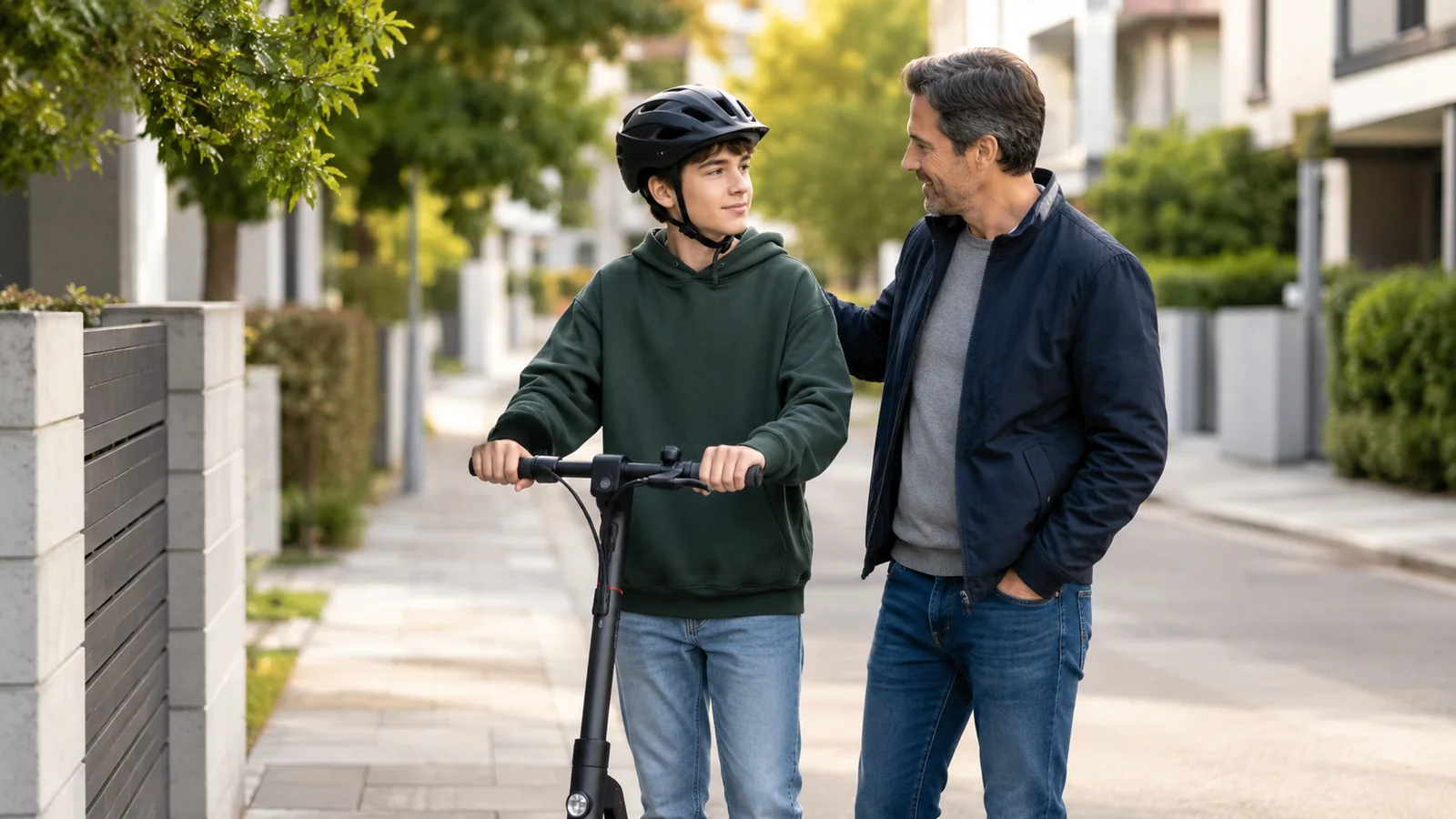 Jugendlicher mit Helm und E-Scooter neben Elternteil im Wohnviertel – E-Scooter für Jugendliche