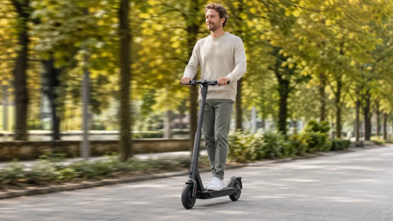 Person fährt entspannt auf modernem E-Scooter über ruhigen Weg – Komfort-Check