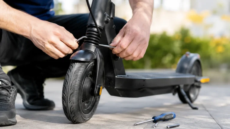 Hände stellen Federung und Reifen eines E-Scooters ein – Komfortprobleme lösen
