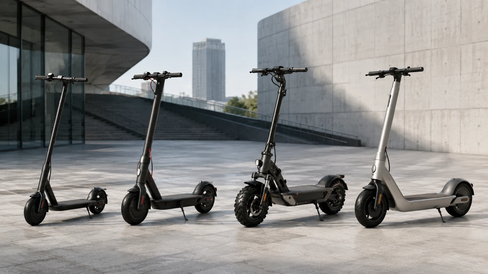 Mehrere E-Scooter-Modelle nebeneinander als neutrale Markenübersicht