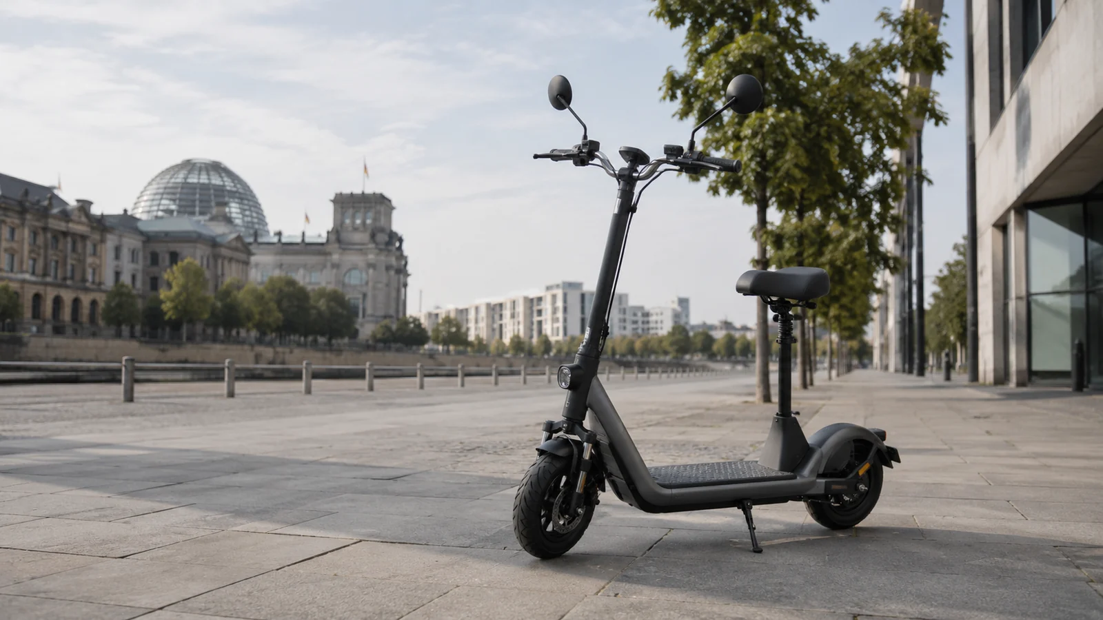 E-Scooter mit Sitz vor städtischer Kulisse als Titelbild