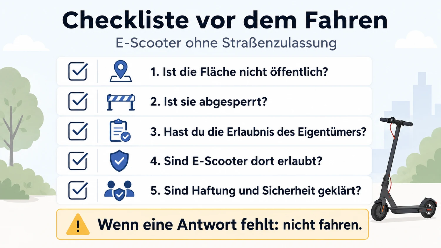 Checkliste vor dem Fahren eines E-Scooters ohne Straßenzulassung mit fünf Prüfpunkten zu Fläche, Erlaubnis und Haftung