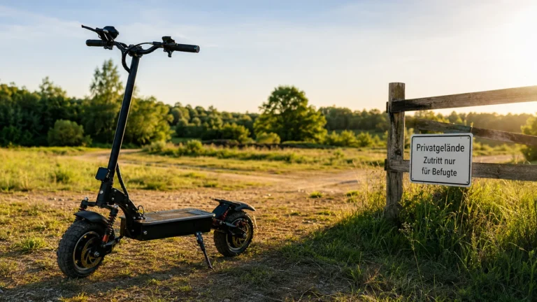 Offroad-E-Scooter an einem Privatgelände-Schild als Symbolbild für Nutzung ohne Straßenzulassung