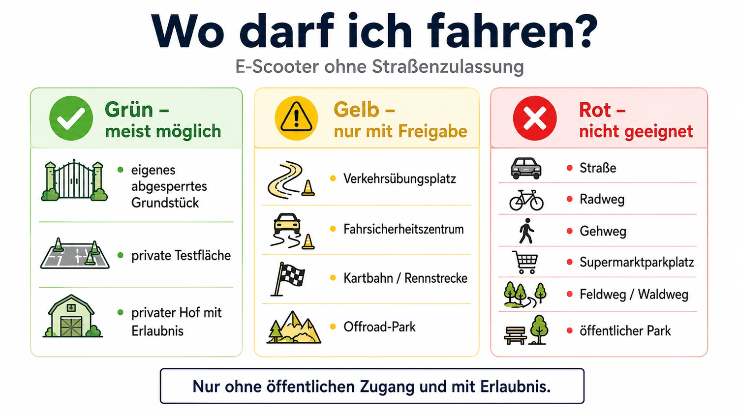 Ampel-Übersicht: wo ein E-Scooter ohne Straßenzulassung fahren darf — grün, gelb mit Freigabe, rot