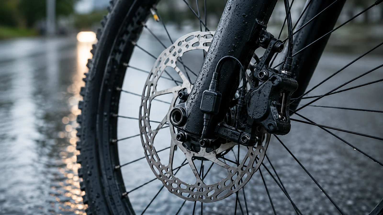 Vorderrad-Scheibenbremse eines E-Bikes auf nasser Straße als Sinnbild für Fahrrad-ABS
