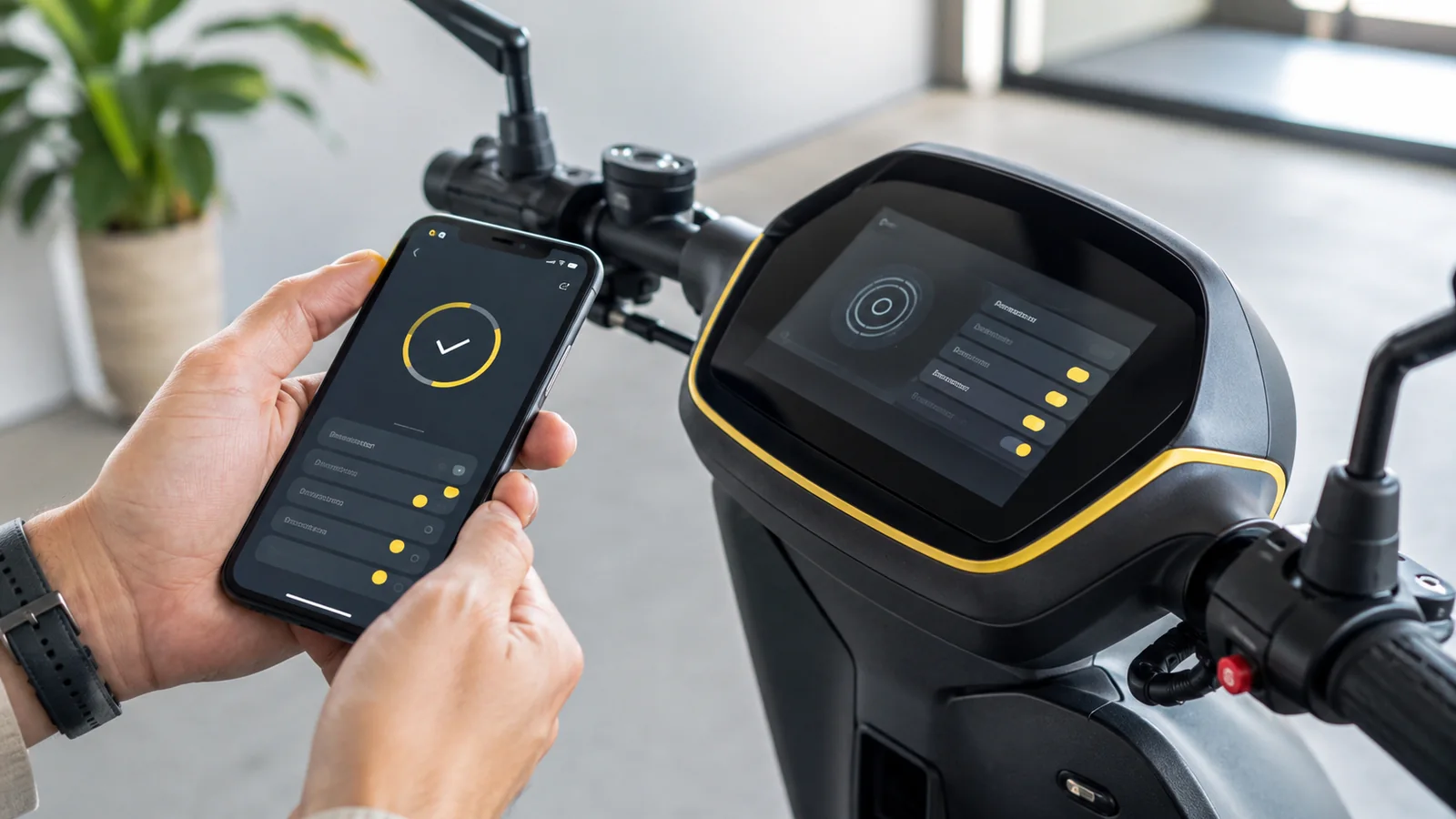 Hände mit Smartphone-App neben E-Scooter-Display – Firmware-Version prüfen