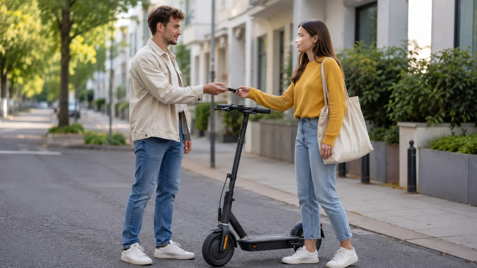 Zwei junge Erwachsene übergeben sich einen E-Scooter auf ruhiger Straße – Haftung klären